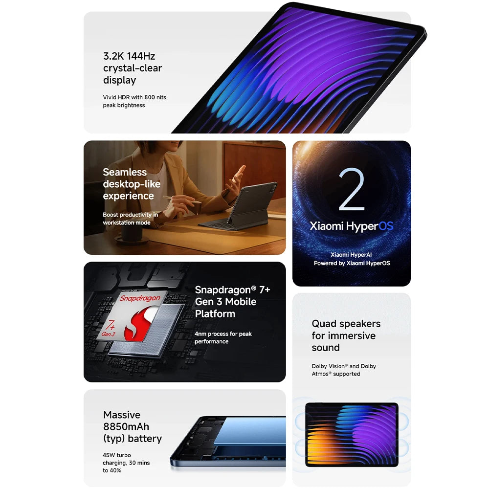 Global Version Xiaomi Pad 7 Tablet PC Snapdragon 7 + Gen 3 11.2 ''3.2K 144Hz Display 8850mAh Big Battery 13MP Real Camera