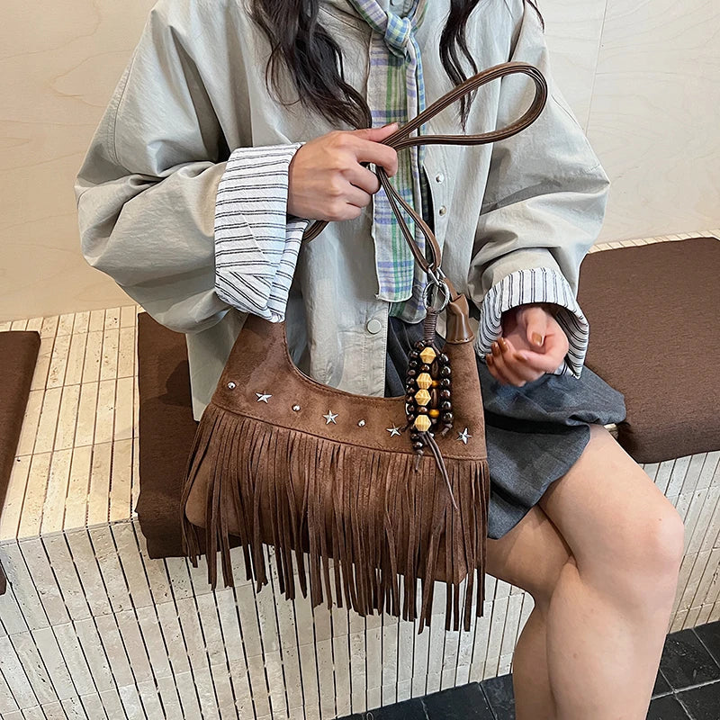 MOODS Fashion Shoulder Bags For Women Rivets Tassels Decored PU Suede Cross Body Bag 2025 Autumn Latest Luxury Designer Handbags