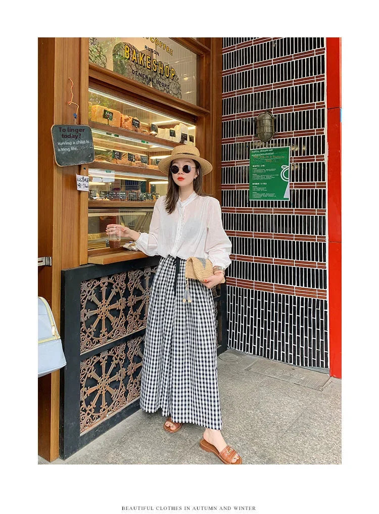 Plaid Wide-leg Skort Women's Spring Autumn New Elastic Waist A- line Half Umbrella Skirt Loose-fit Versatile Casual Trousers