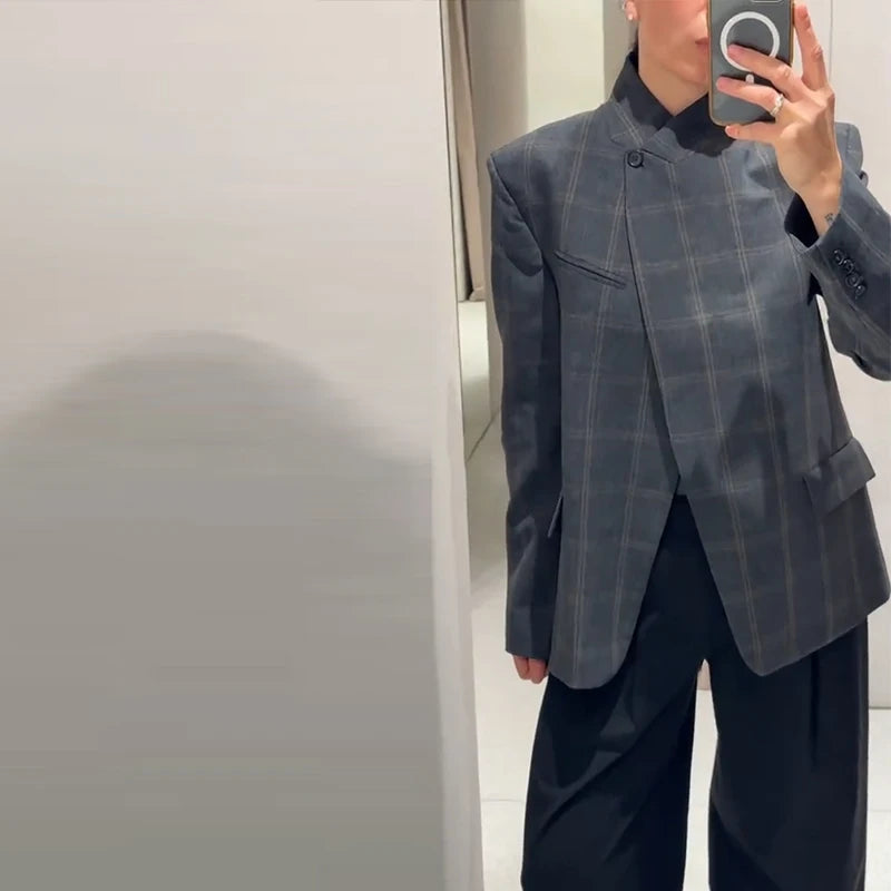 Elegant Plaid Woolen Jacket Women Loose Full Sleeve Stand Collar Double Breasted Coat Female 2026 Spring Chic Outwear Lady New