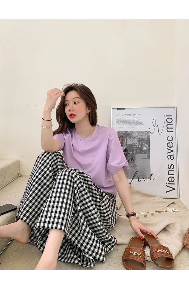 Plaid Wide-leg Skort Women's Spring Autumn New Elastic Waist A- line Half Umbrella Skirt Loose-fit Versatile Casual Trousers