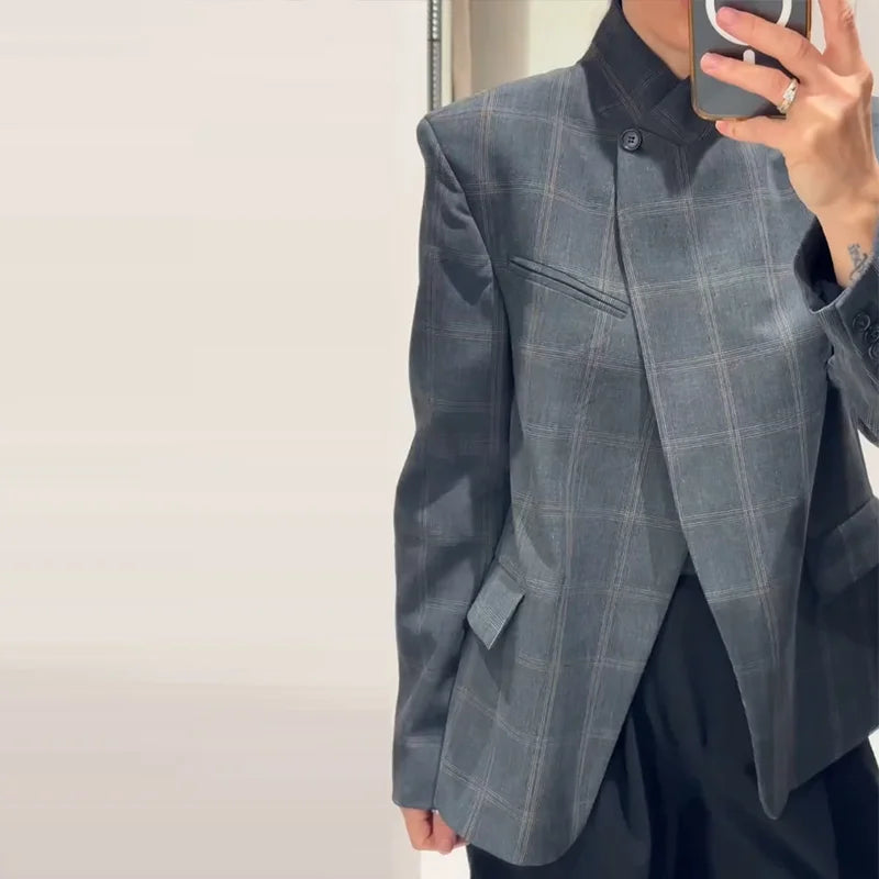 Elegant Plaid Woolen Jacket Women Loose Full Sleeve Stand Collar Double Breasted Coat Female 2026 Spring Chic Outwear Lady New