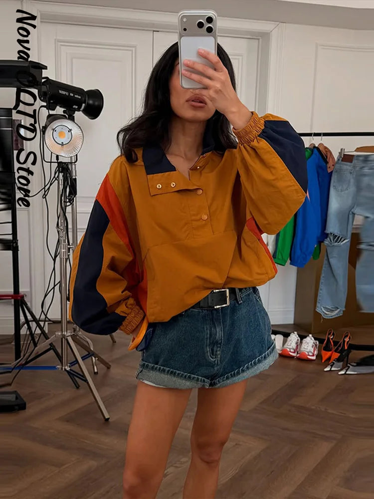Fashion Color Blocking Women's Cropped Coats Autumn Patchwork Lapel Full Sleeve Loose Jacket New Casual Street Outwear 2026
