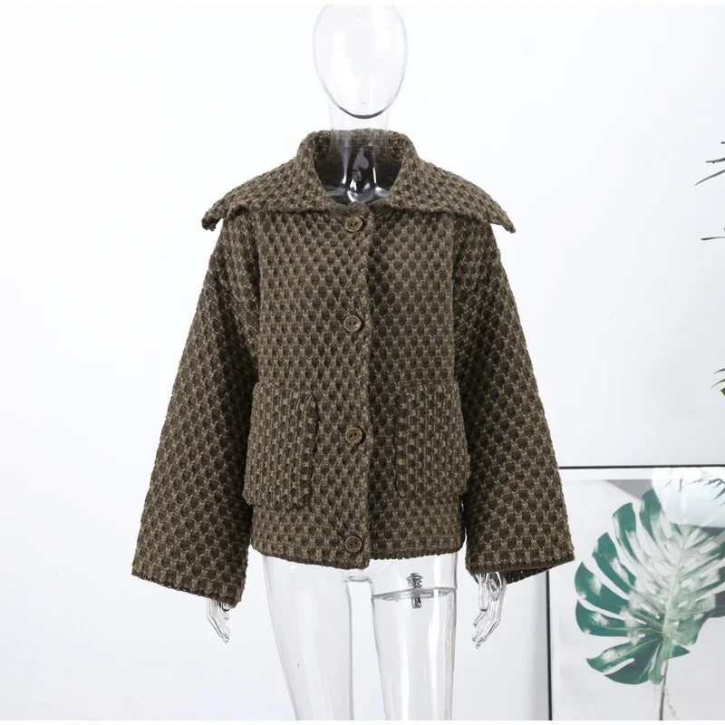 Fashion Lapel Plaid Knit Cardigan Women Loose Single Breasted Pocket Warm Jackets 2025 Autumn Winter Chic Lady Knitwear New Coat