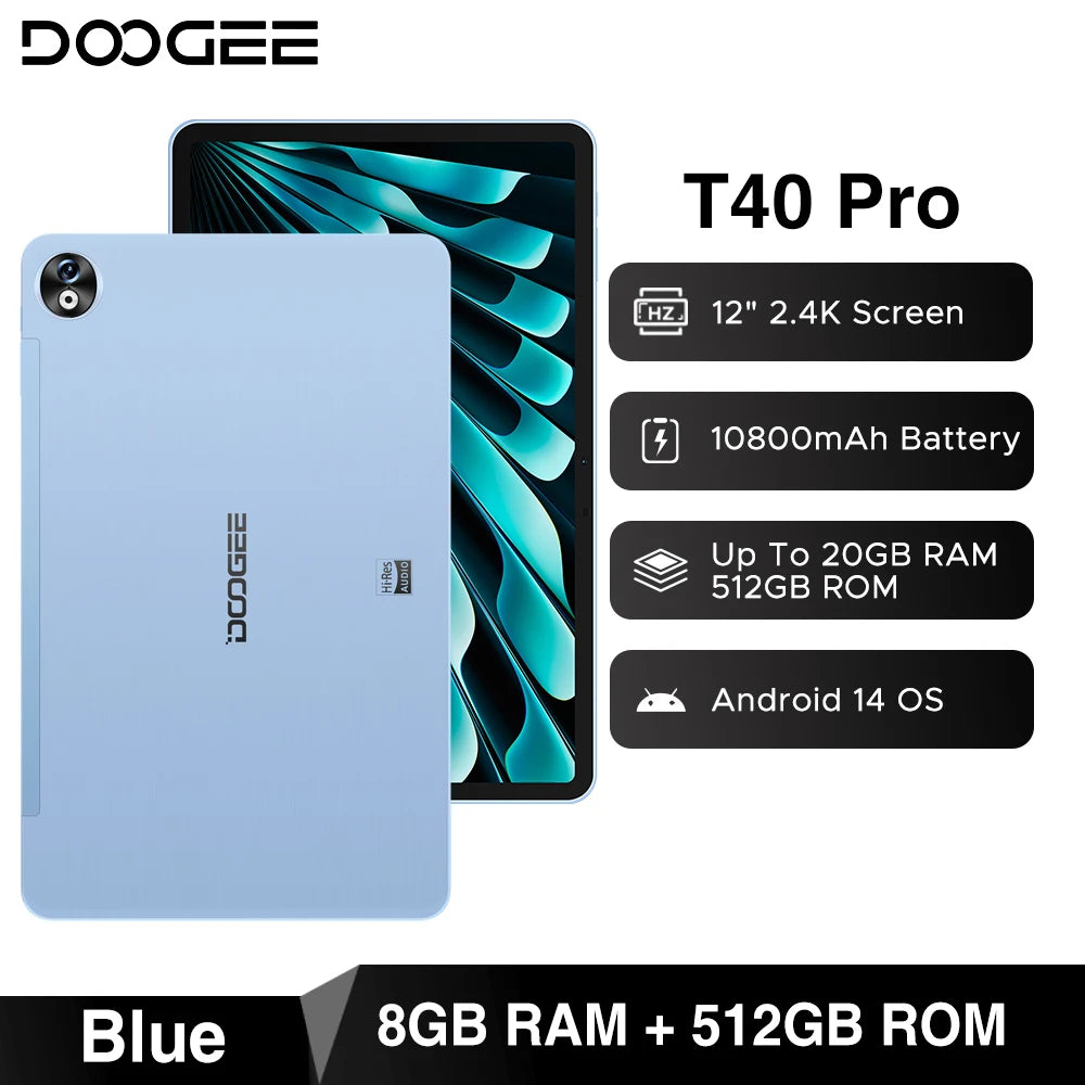 DOOGEE T40 Pro Tablet 12" IPS 2.4K 20GB(8+12) 512GB Helio G99 10800mAh Large Battery Quad Speaker 7.6mm Ultra-thin PC Smart Pad