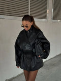 Solid Glossy Leather Jacket Women Fashion Stand Collar Zipper Pocket Cinched-waist Coat Autumn Lady Daily High Street Overcoat