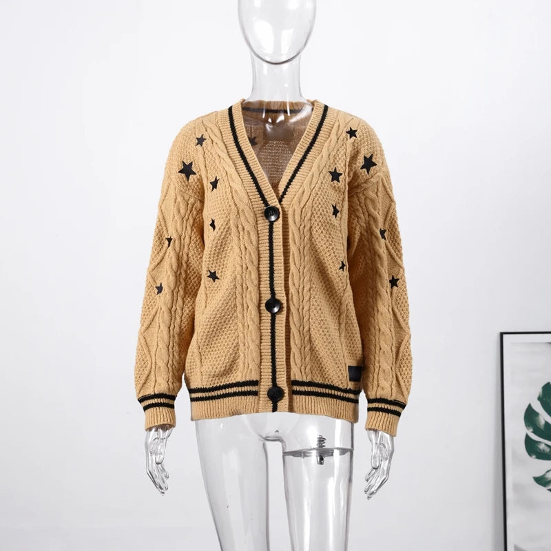 Elegant Star Print Knit Cardigan Women's Loose Long Sleeve Single Breasted Sweater 2025 Autumn Lady Fashion Soft Cozy Cover Up