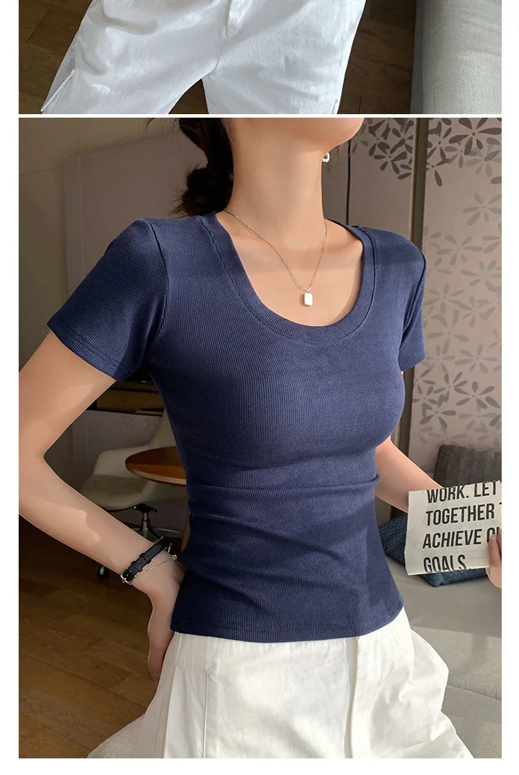 BIVIGAOS Summer New Solid Color U-Neck Short Sleeve T-Shirt Women Casual Fashionable Threaded Cotton Slim Tshirt Top