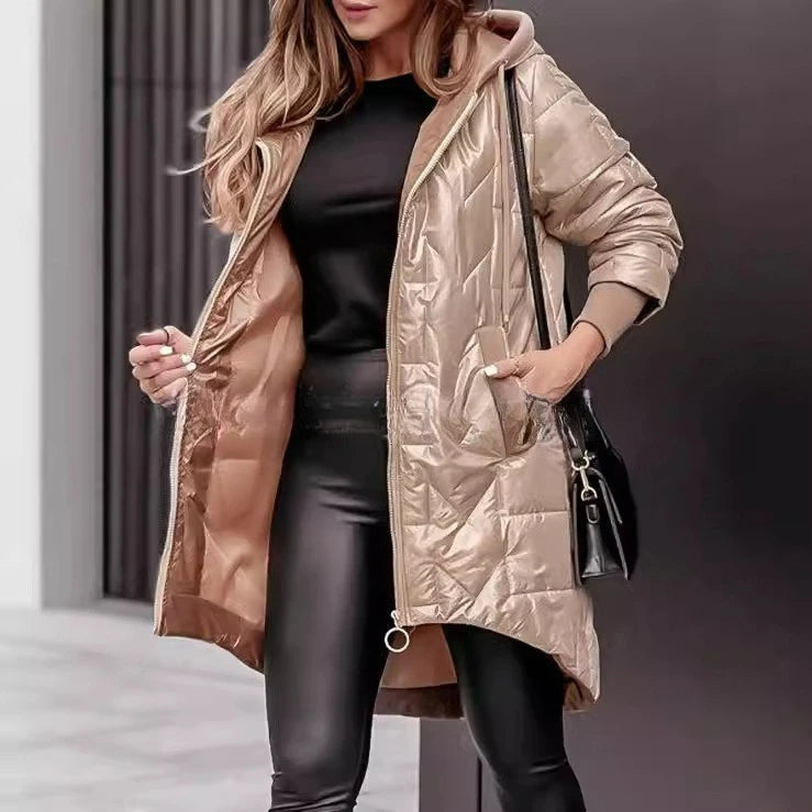 Women Jacket Autumn Winter New Fashion Hooded Loose Long Sleeve Solid Color Zip Up Casual Coat Outerwear