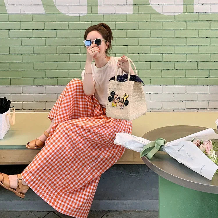 Plaid Wide-leg Skort Women's Spring Autumn New Elastic Waist A- line Half Umbrella Skirt Loose-fit Versatile Casual Trousers