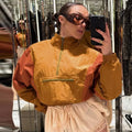 Fashion Color Blocking Women's Cropped Coats Autumn Patchwork Lapel Full Sleeve Loose Jacket New Casual Street Outwear 2026