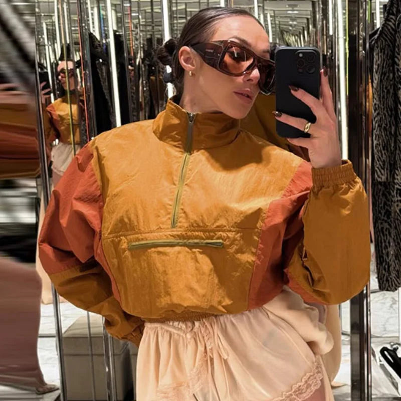 Fashion Color Blocking Women's Cropped Coats Autumn Patchwork Lapel Full Sleeve Loose Jacket New Casual Street Outwear 2026