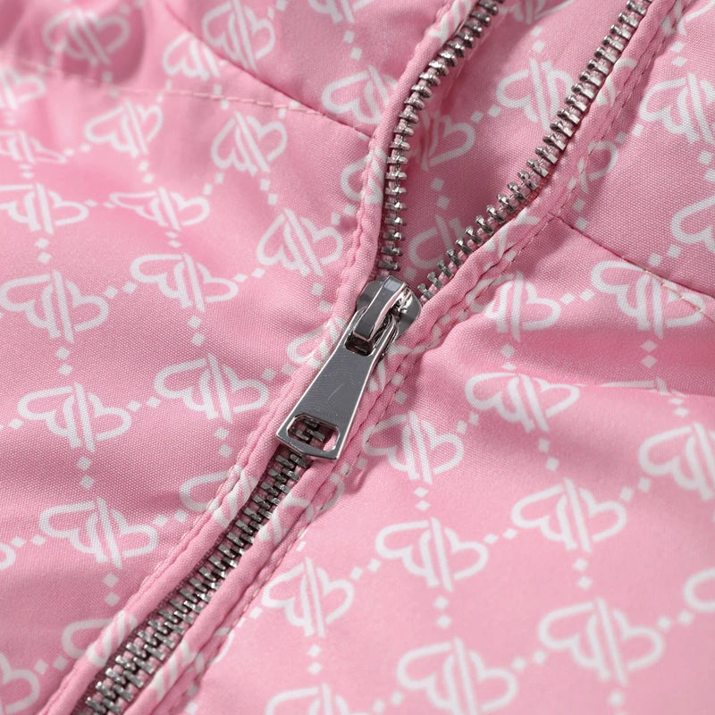 2026 Winter Printed Hooded Puffer Coat Stand Collar Zip Up Big Pockets Women Street Casual Daily Fashion Outfit Trendy Outerwear