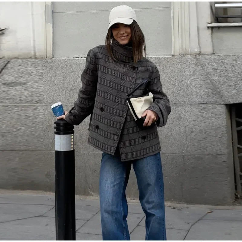 Elegant Plaid Woolen Jacket Women Loose Full Sleeve Stand Collar Double Breasted Coat Female 2026 Spring Chic Outwear Lady New
