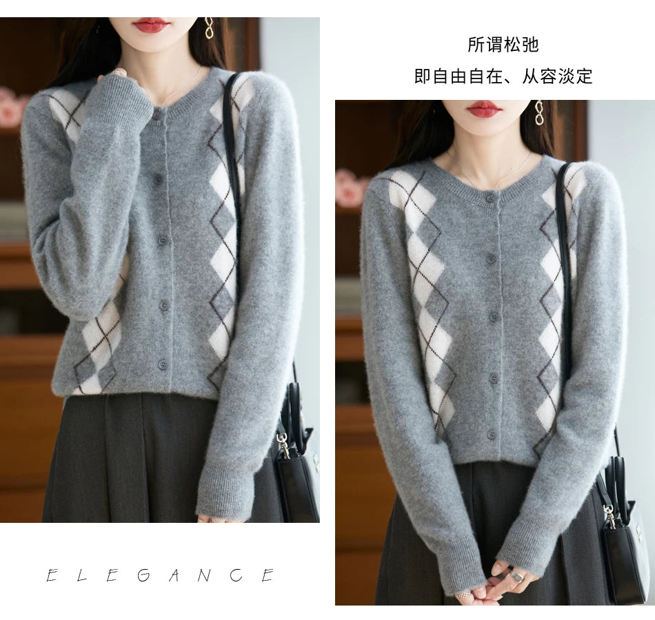 Quality Women's 100% Merino Wool O-neck Diamond Grid Jacquard Cardigan Autumn Winter Casual Sweater Basic Simple Comfort Knitted