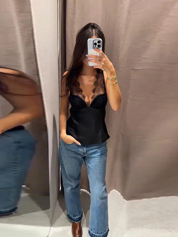 Sexy Women's Sling Lace Silk-Faced N-Neck Black Sleeveless Lady Top 2025 Autumn Winter Elegant Women Vest Streetwear