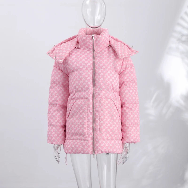 2026 Winter Printed Hooded Puffer Coat Stand Collar Zip Up Big Pockets Women Street Casual Daily Fashion Outfit Trendy Outerwear
