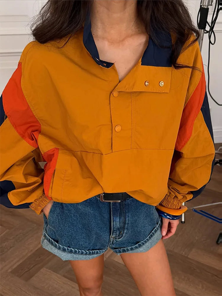 Casual Contrast Color Women's Coat Long Sleeve Loose Stand Collar Button Lady Jackets 2026 Fashion Female Autumn Outerwear