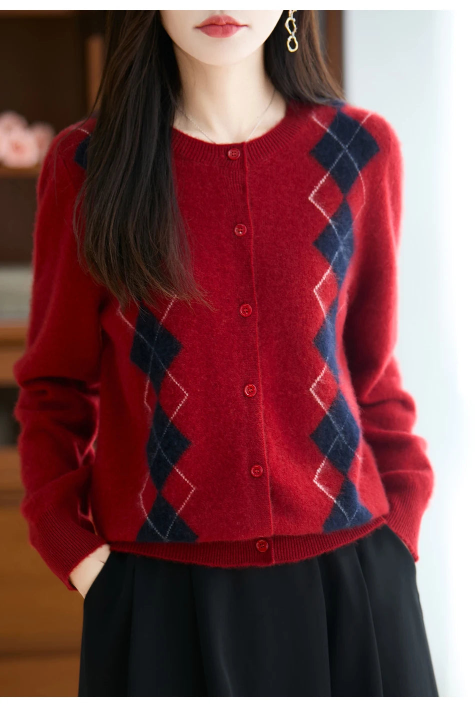 Quality Women's 100% Merino Wool O-neck Diamond Grid Jacquard Cardigan Autumn Winter Casual Sweater Basic Simple Comfort Knitted