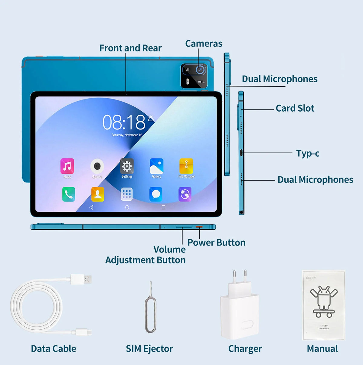 New Arrivals 10.95 Inch Android Tablets Octa Core Processor 8GB RAM 256GB ROM Android 13 Dual SIM Dual Cameras HD Screen 8000mAh