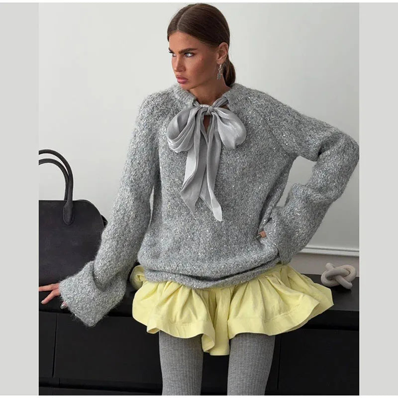Shiny Thread Knit Pullover Women Loose O Neck Lace Up Bow Long Sleeves Sweater Female 2025 Autumn Winter New Chic Solid Knitwear