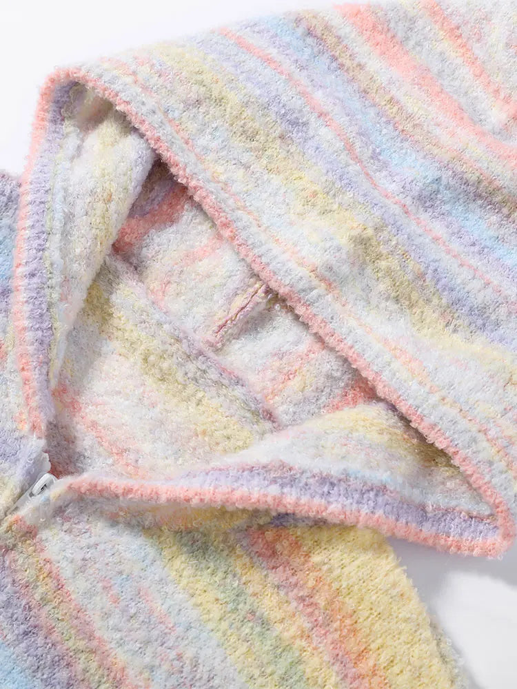 Knitted Rainbow Sweater Woman Hooded Cardigan Colorful Loose Knitwear Long Sleeve Jacket Zipper Coats Autumn Winter Outerwears
