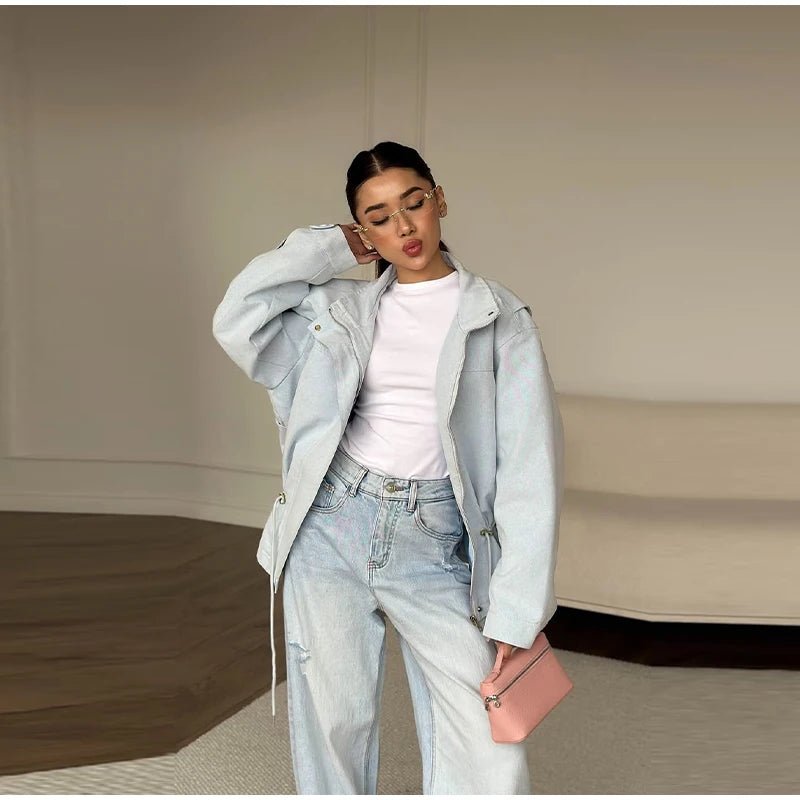 Fashion Solid Drawstring Waist Cinching Jacket Women Stand Full Sleeve Full Sleeve Pocket Jackets 2026 Autumn Casual Outwear
