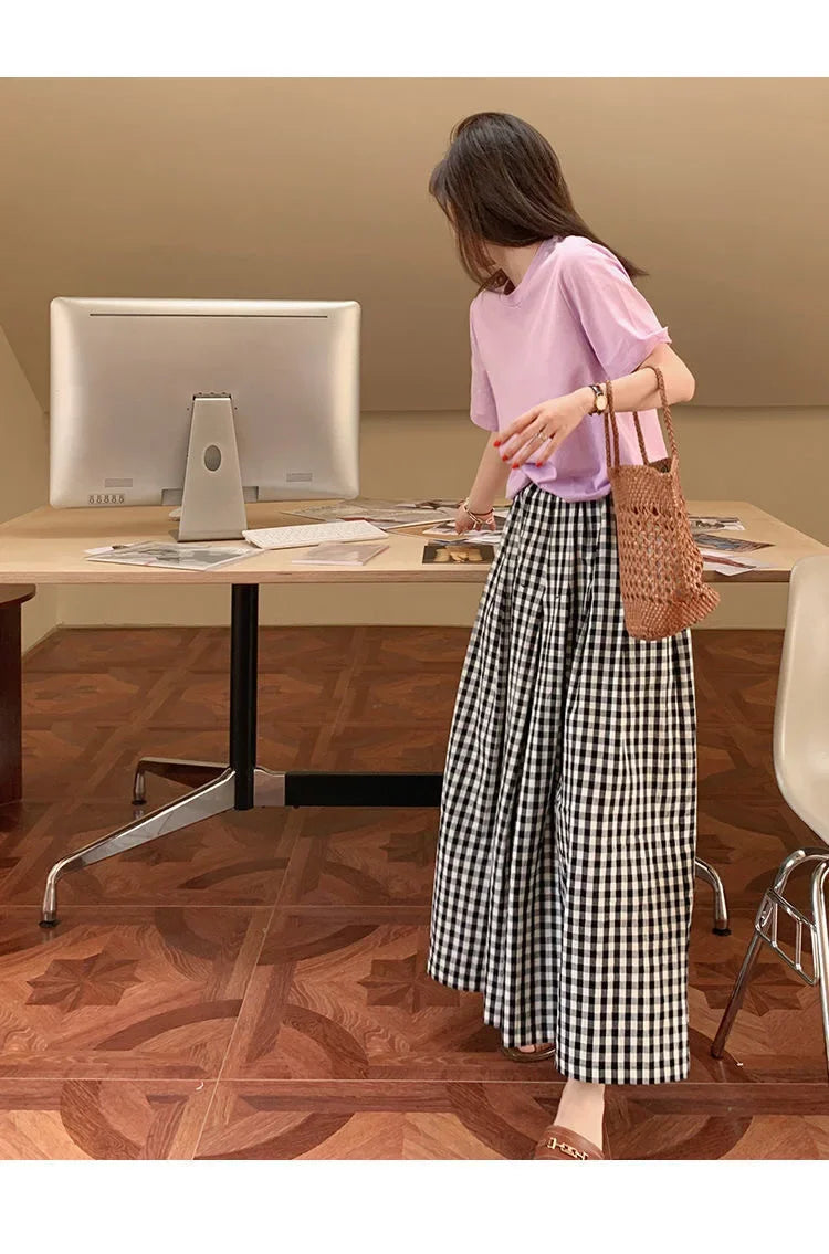 Plaid Wide-leg Skort Women's Spring Autumn New Elastic Waist A- line Half Umbrella Skirt Loose-fit Versatile Casual Trousers