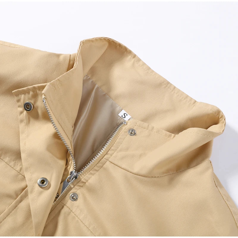 Fashion Solid Drawstring Waist Cinching Jacket Women Stand Full Sleeve Full Sleeve Pocket Jackets 2026 Autumn Casual Outwear