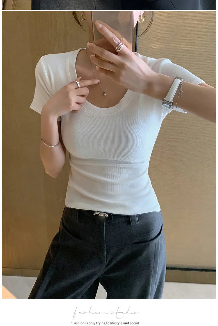 BIVIGAOS Summer New Solid Color U-Neck Short Sleeve T-Shirt Women Casual Fashionable Threaded Cotton Slim Tshirt Top