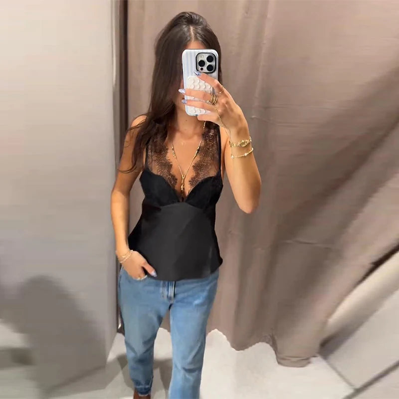 Sexy Women's Sling Lace Silk-Faced N-Neck Black Sleeveless Lady Top 2025 Autumn Winter Elegant Women Vest Streetwear