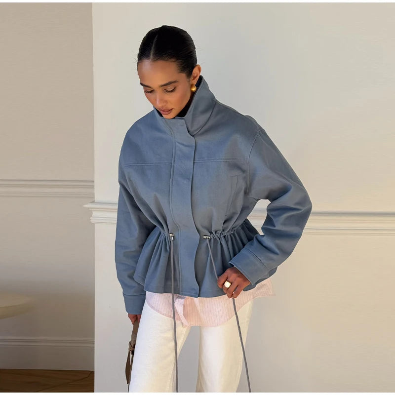 Fashion Solid Drawstring Waist Cinching Jacket Women Stand Full Sleeve Full Sleeve Pocket Jackets 2026 Autumn Casual Outwear