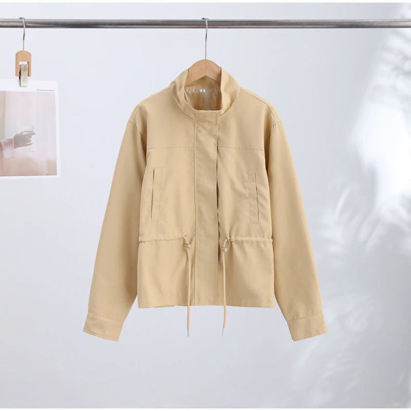Fashion Solid Drawstring Waist Cinching Jacket Women Stand Full Sleeve Full Sleeve Pocket Jackets 2026 Autumn Casual Outwear