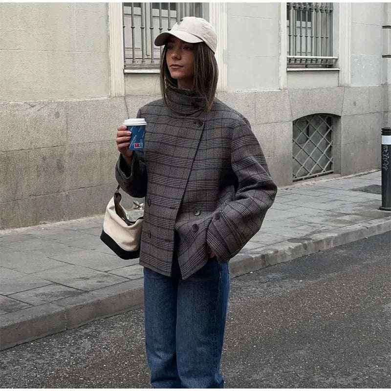 Elegant Plaid Woolen Jacket Women Loose Full Sleeve Stand Collar Double Breasted Coat Female 2026 Spring Chic Outwear Lady New