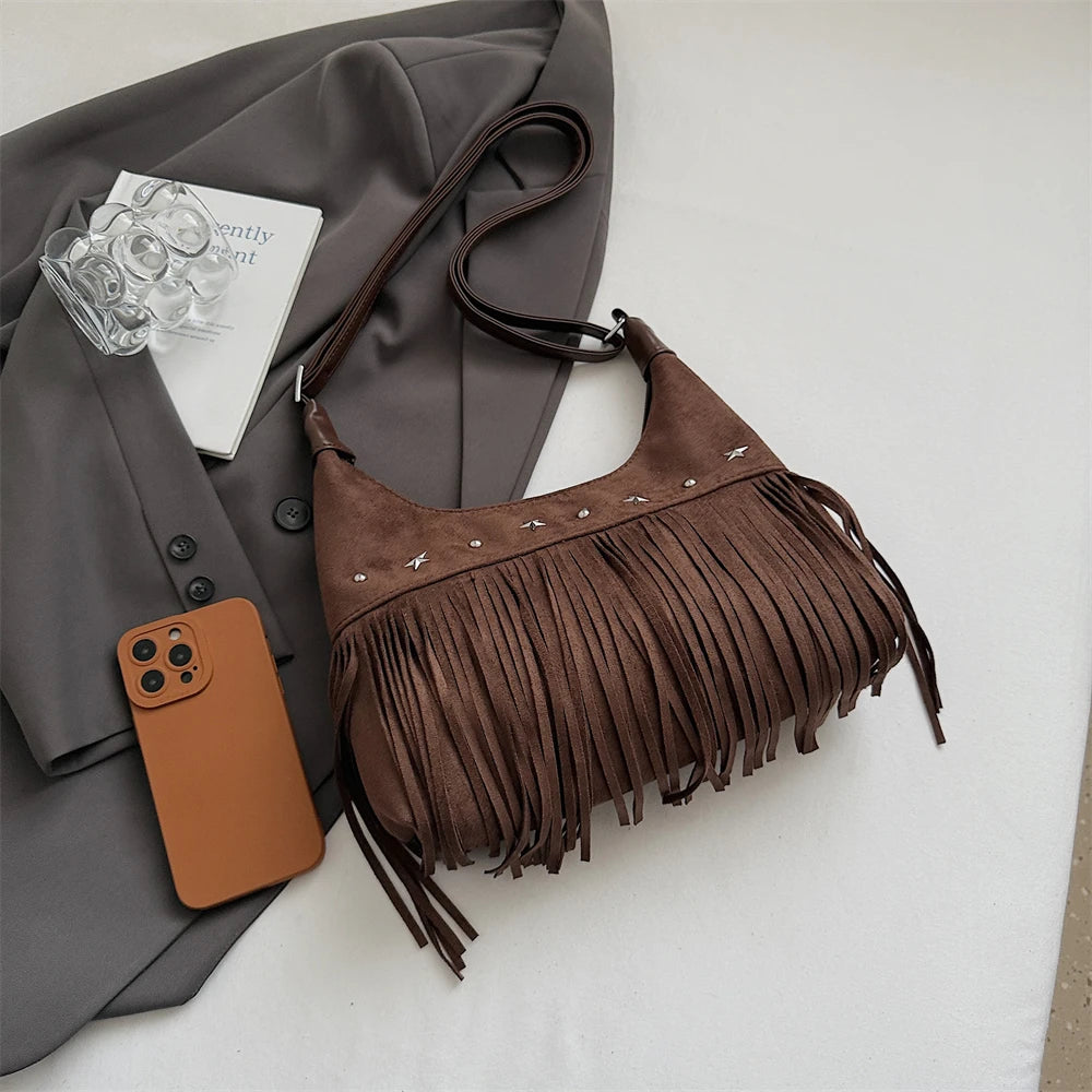 MOODS Fashion Shoulder Bags For Women Rivets Tassels Decored PU Suede Cross Body Bag 2025 Autumn Latest Luxury Designer Handbags