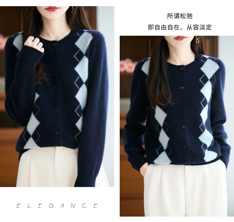 Quality Women's 100% Merino Wool O-neck Diamond Grid Jacquard Cardigan Autumn Winter Casual Sweater Basic Simple Comfort Knitted