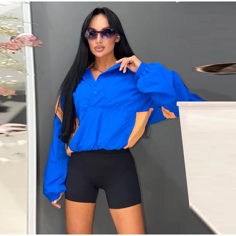 Casual Contrast Color Women's Coat Long Sleeve Loose Stand Collar Button Lady Jackets 2026 Fashion Female Autumn Outerwear