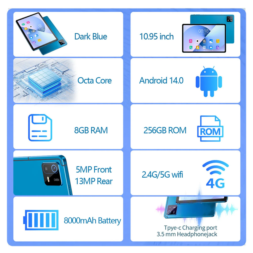 New Arrivals 10.95 Inch Android Tablets Octa Core Processor 8GB RAM 256GB ROM Android 13 Dual SIM Dual Cameras HD Screen 8000mAh