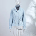 Fashion Solid Drawstring Waist Cinching Jacket Women Stand Full Sleeve Full Sleeve Pocket Jackets 2026 Autumn Casual Outwear