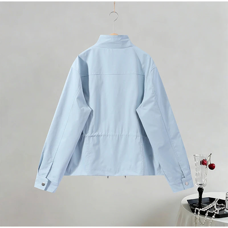 Fashion Solid Drawstring Waist Cinching Jacket Women Stand Full Sleeve Full Sleeve Pocket Jackets 2026 Autumn Casual Outwear
