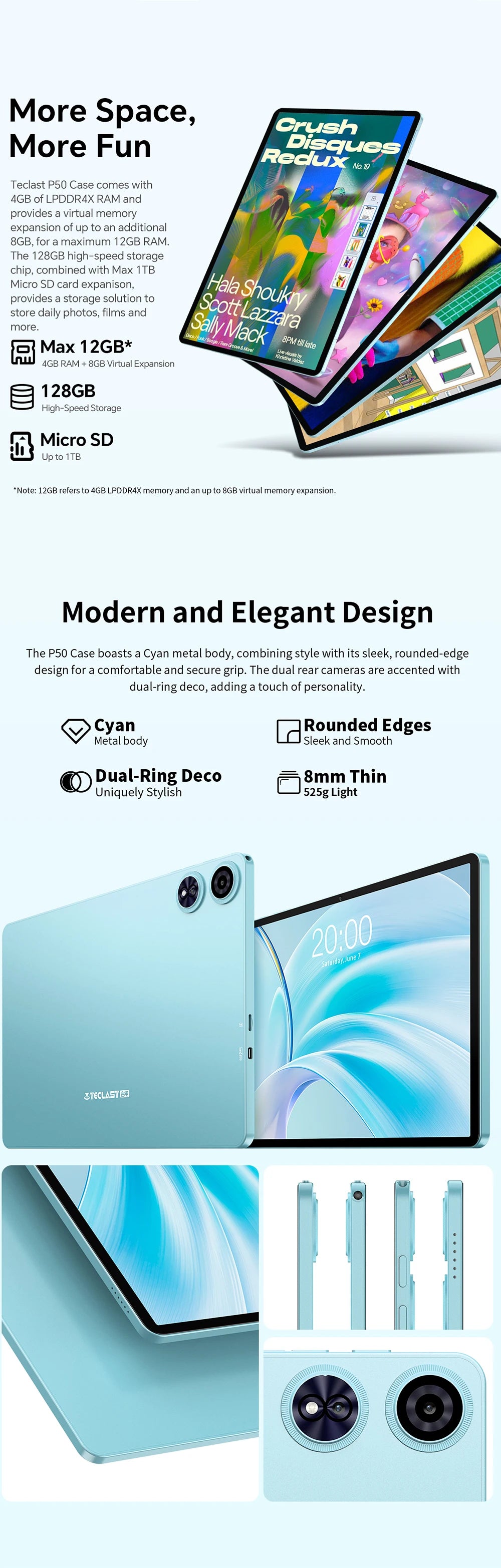 Teclast P50Case Tablet Android 15 11" 12GB(4GB+8GB) RAM 128GB ROM T606 8-Core 7000mAh P50 Case/Keyboard/Mouse/Stylus/Headphone