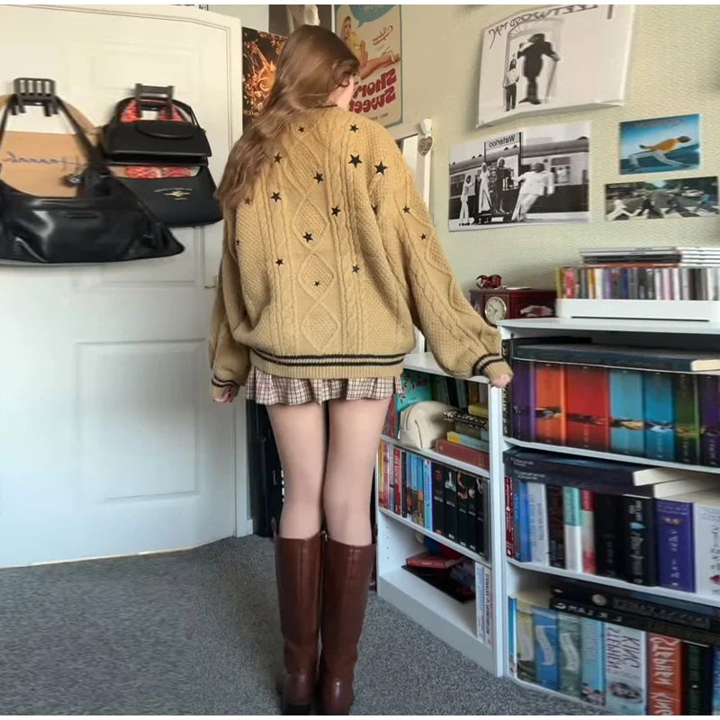 Elegant Star Print Knit Cardigan Women's Loose Long Sleeve Single Breasted Sweater 2025 Autumn Lady Fashion Soft Cozy Cover Up