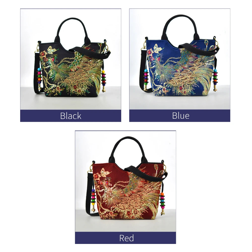 Phoenix Embroidered Sequin Handbag, Ethnic Style Embroidered Handbag, Women's Ethnic Travel Bohemian Bag