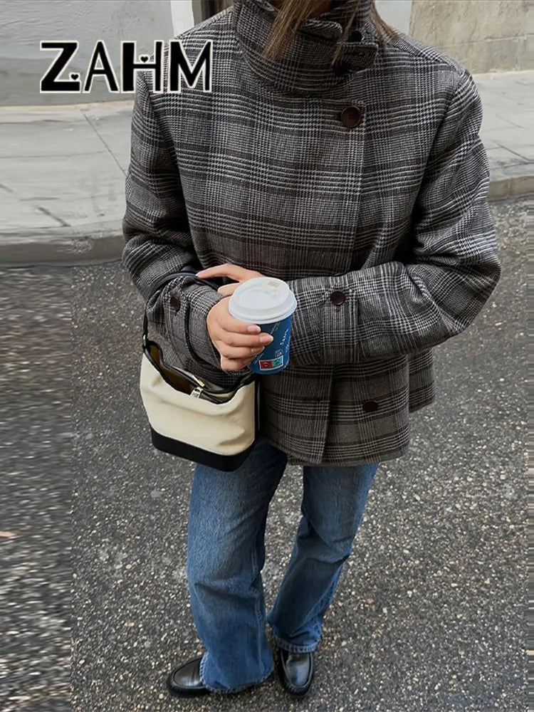 Elegant Plaid Woolen Jacket Women Loose Full Sleeve Stand Collar Double Breasted Coat Female 2026 Spring Chic Outwear Lady New