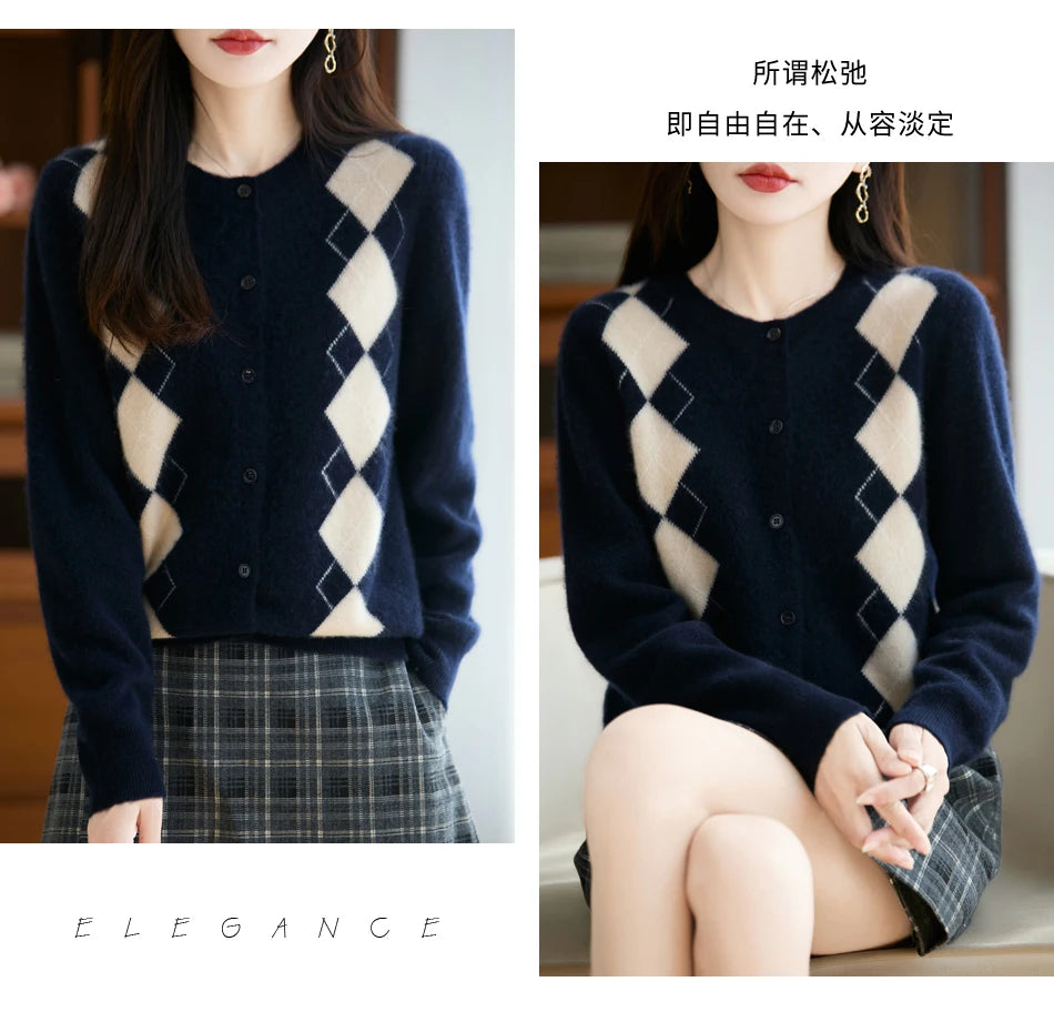 Quality Women's 100% Merino Wool O-neck Diamond Grid Jacquard Cardigan Autumn Winter Casual Sweater Basic Simple Comfort Knitted