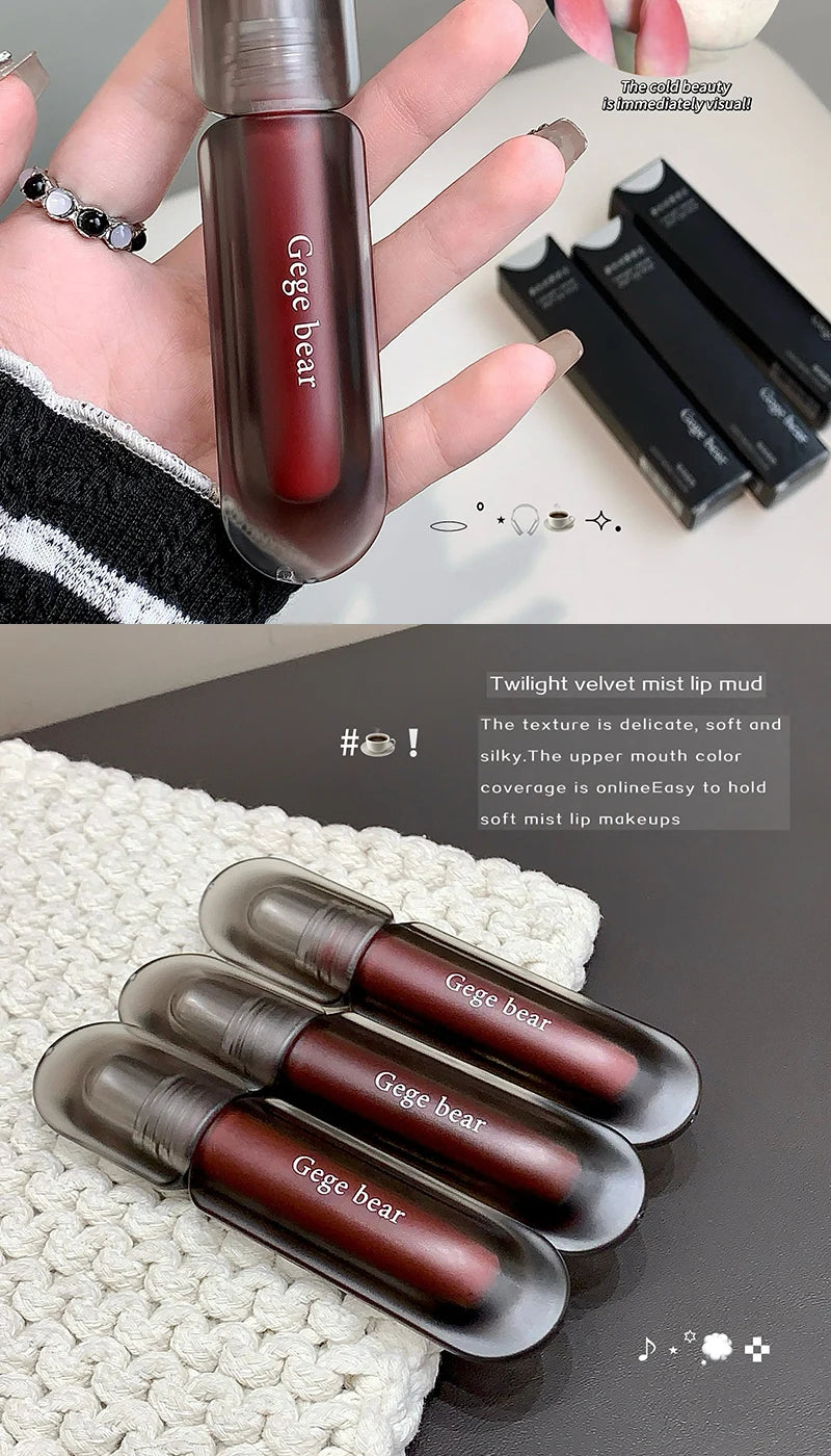 Gege bear Twilight Velvet Mist Lip Clay Matte Pure Color, Autumn and Winter Lip Glaze Rich and feminine,Apply makeup naturally