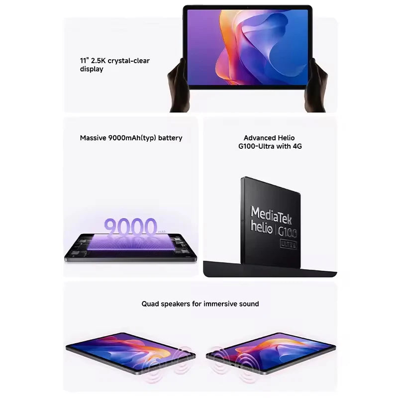 MediaTek Helio G100-Ultra Mi Tablet Global Version Wifi 11" 2.5K Crystal-clear Display MediaTek Helio G100-Ultra Mi Tablet  90Hz Display 9000mAh