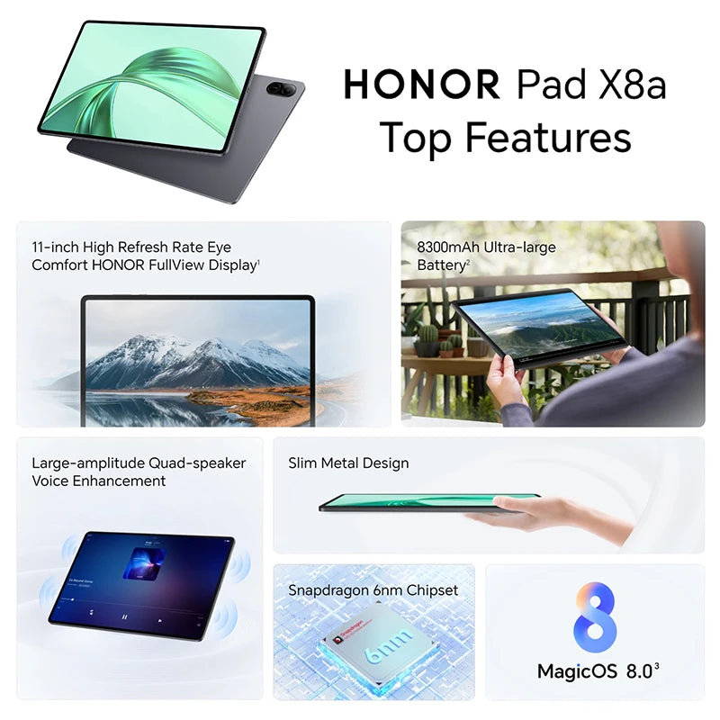 EU Version HONOR Pad X8a 11inch High Refresh Rate Eye Comfort 8300mAh Battery Large-amplitude Quad-speaker Voice Enhancement