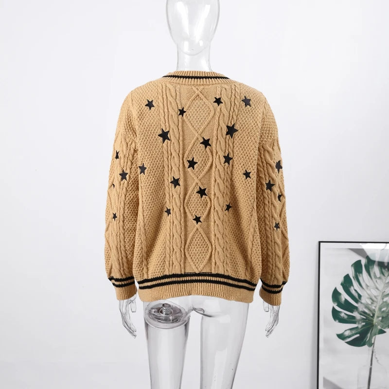 Elegant Star Print Knit Cardigan Women's Loose Long Sleeve Single Breasted Sweater 2025 Autumn Lady Fashion Soft Cozy Cover Up