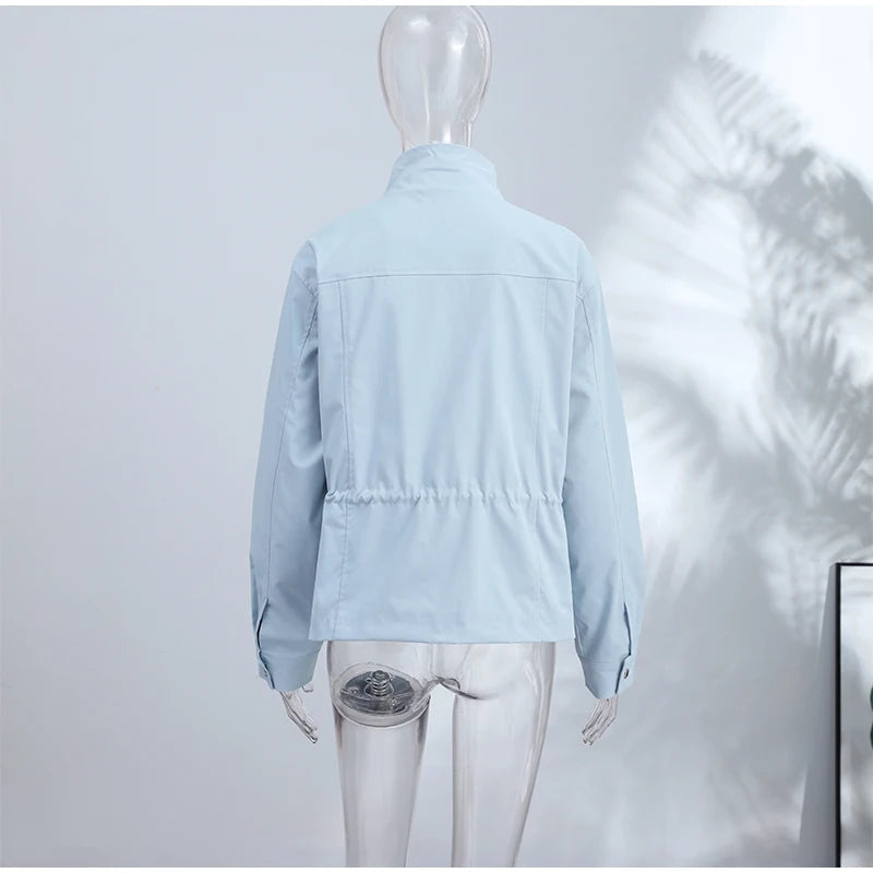 Fashion Solid Drawstring Waist Cinching Jacket Women Stand Full Sleeve Full Sleeve Pocket Jackets 2026 Autumn Casual Outwear
